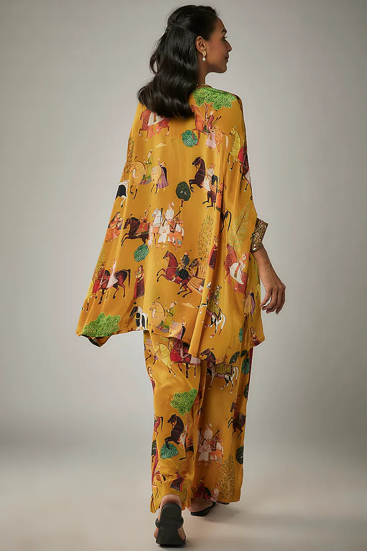 Mango Yellow Crepe Hand Embroidered Kaftan Set