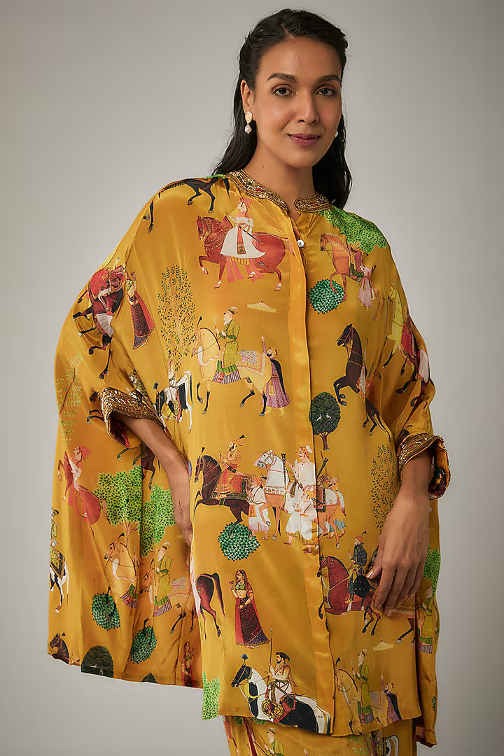 Mango Yellow Crepe Hand Embroidered Kaftan Set