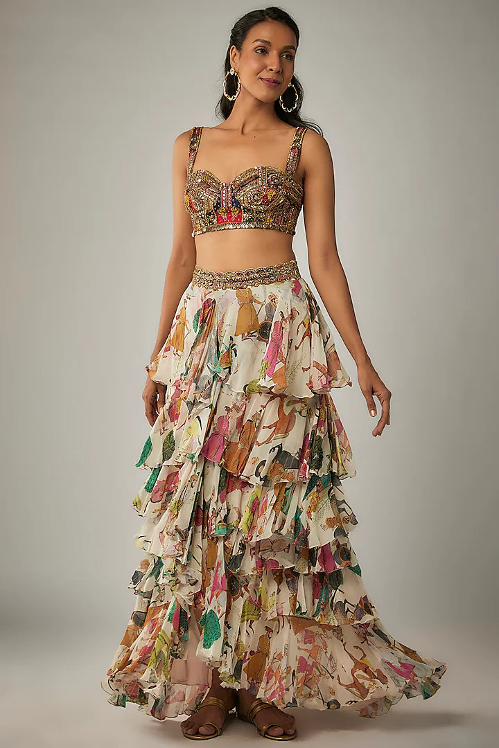 Ivory Georgette Ruffled Lehenga Set