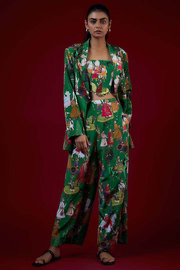 Green Crepe Hand Embroidered Jacket Set