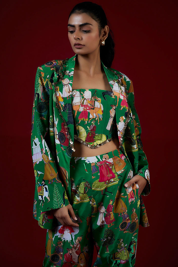 Green Crepe Hand Embroidered Jacket Set