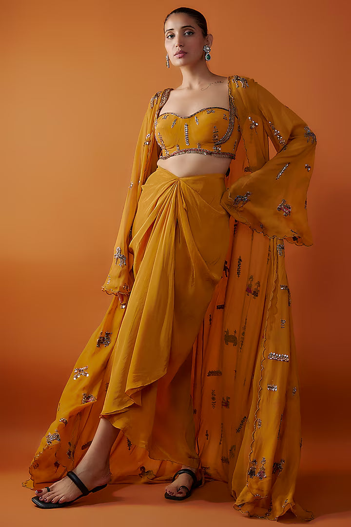 Yellow Georgette Hand Embroidered Cape Set