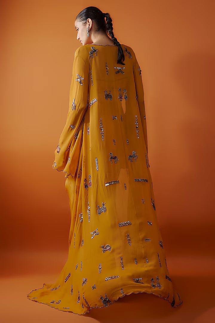 Yellow Georgette Hand Embroidered Cape Set