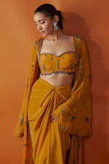 Yellow Georgette Hand Embroidered Cape Set