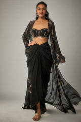 Black Crepe Draped Skirt Set