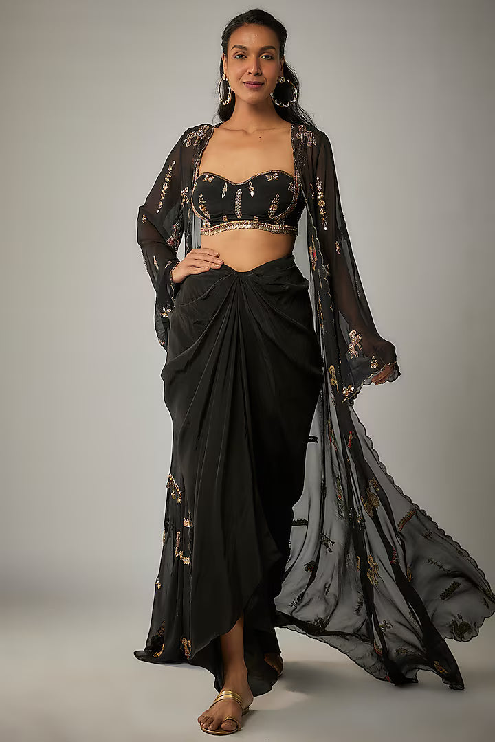 Black Crepe Draped Skirt Set
