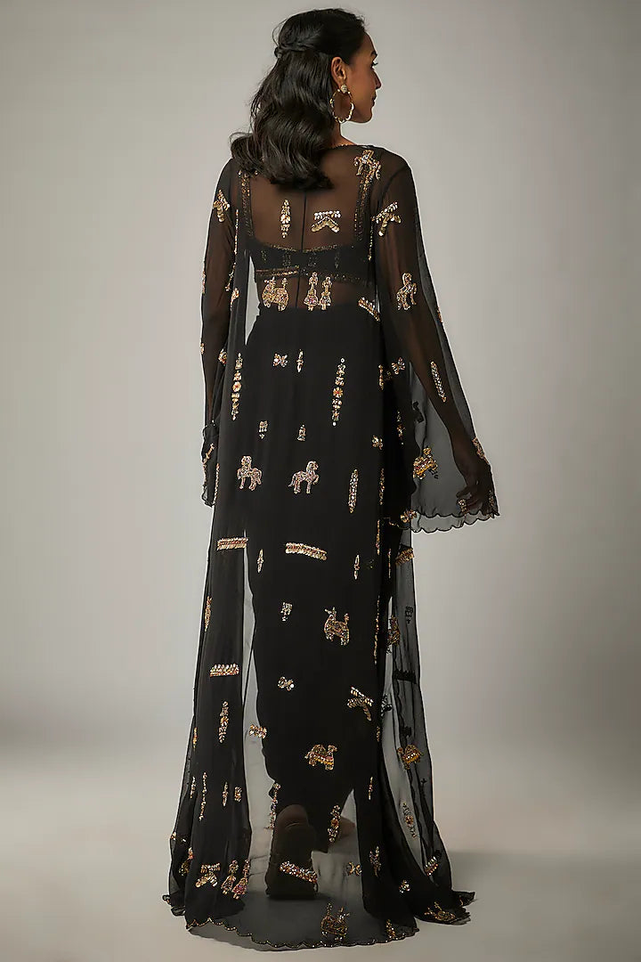 Black Crepe Draped Skirt Set