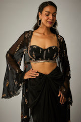 Black Crepe Draped Skirt Set