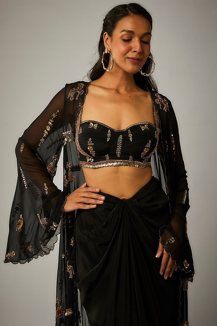Black Crepe Draped Skirt Set