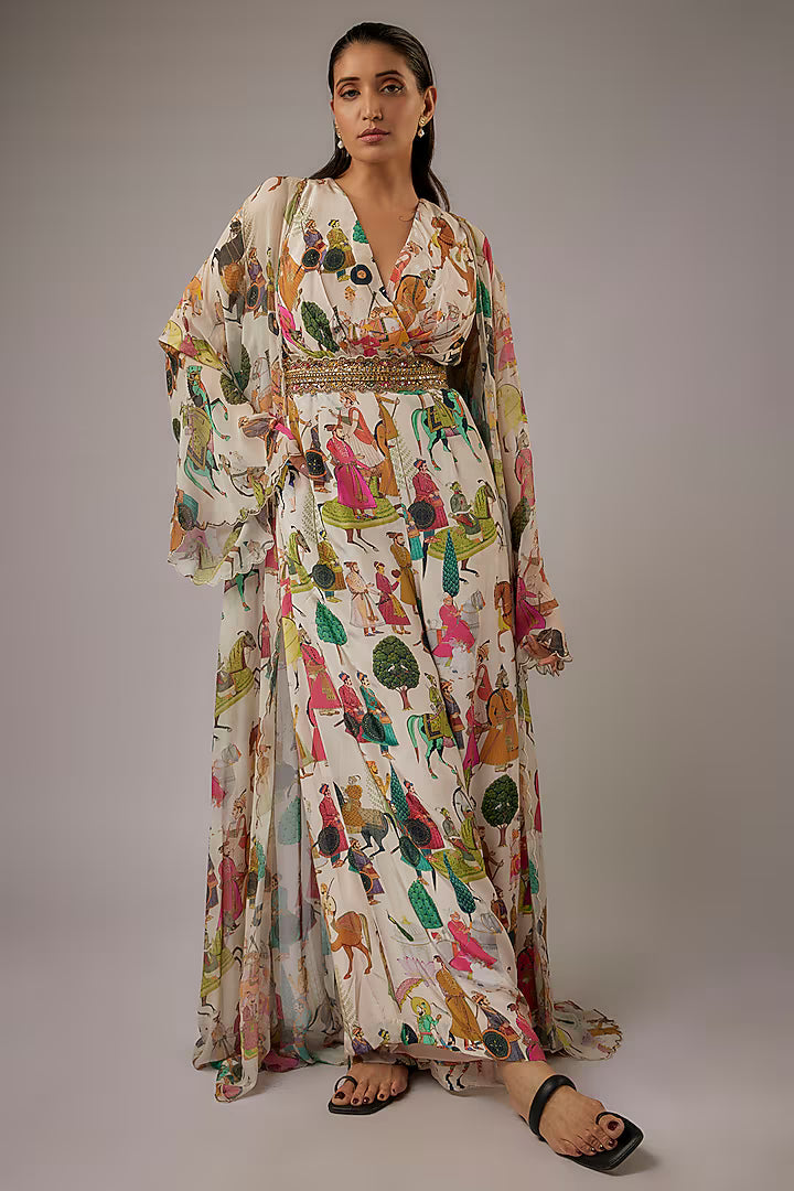 Ivory Crepe Printed Jumpsuit With Cape