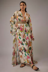 Ivory Crepe Printed Jumpsuit With Cape