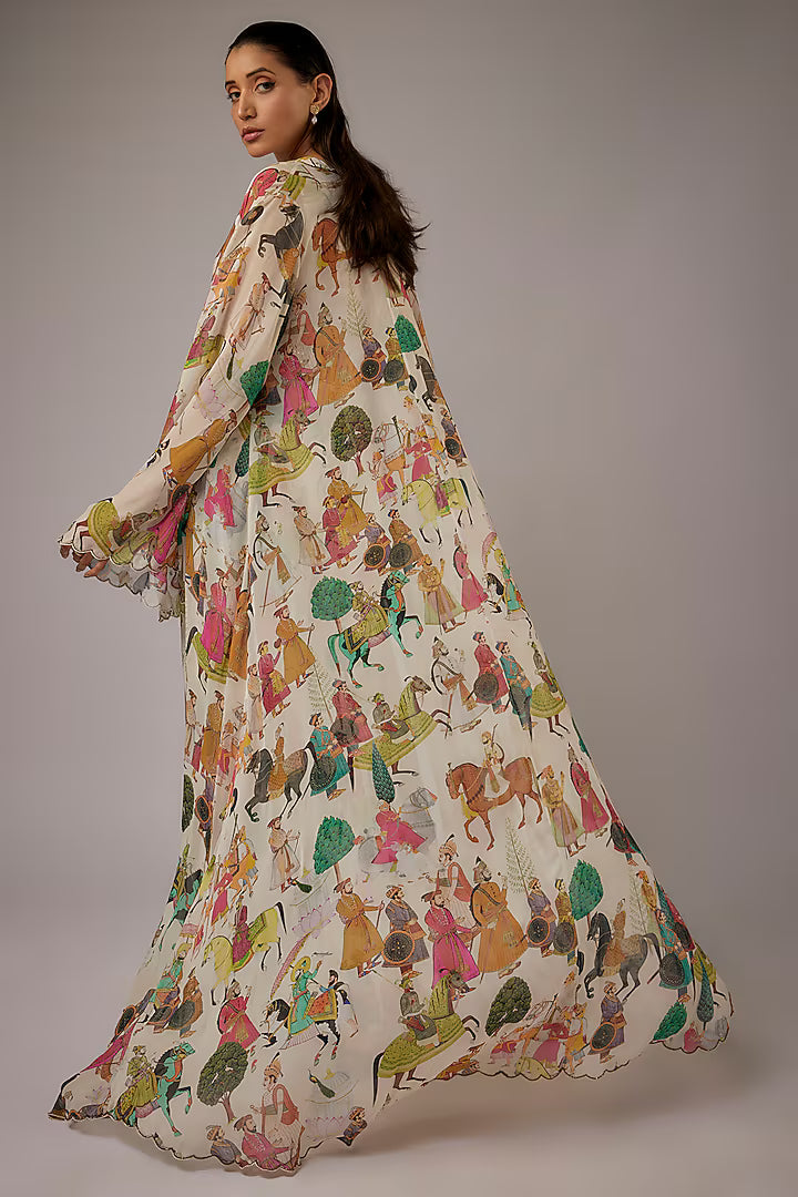 Ivory Crepe Printed Jumpsuit With Cape