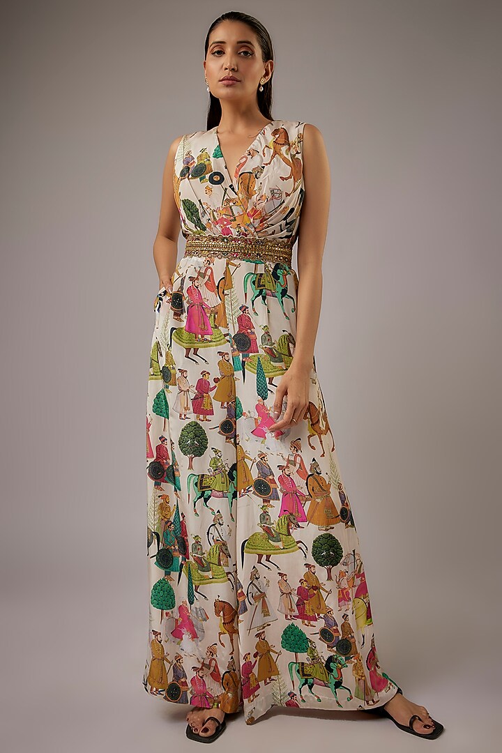 Ivory Crepe Printed Jumpsuit With Cape
