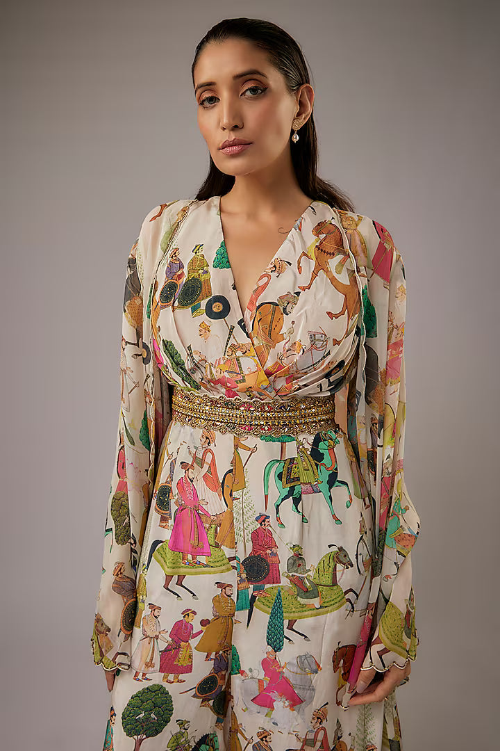 Ivory Crepe Printed Jumpsuit With Cape