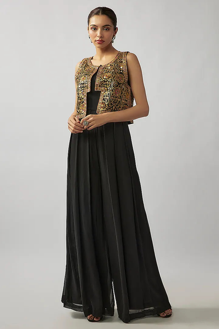 Black Georgette Jumpsuit With Jacket