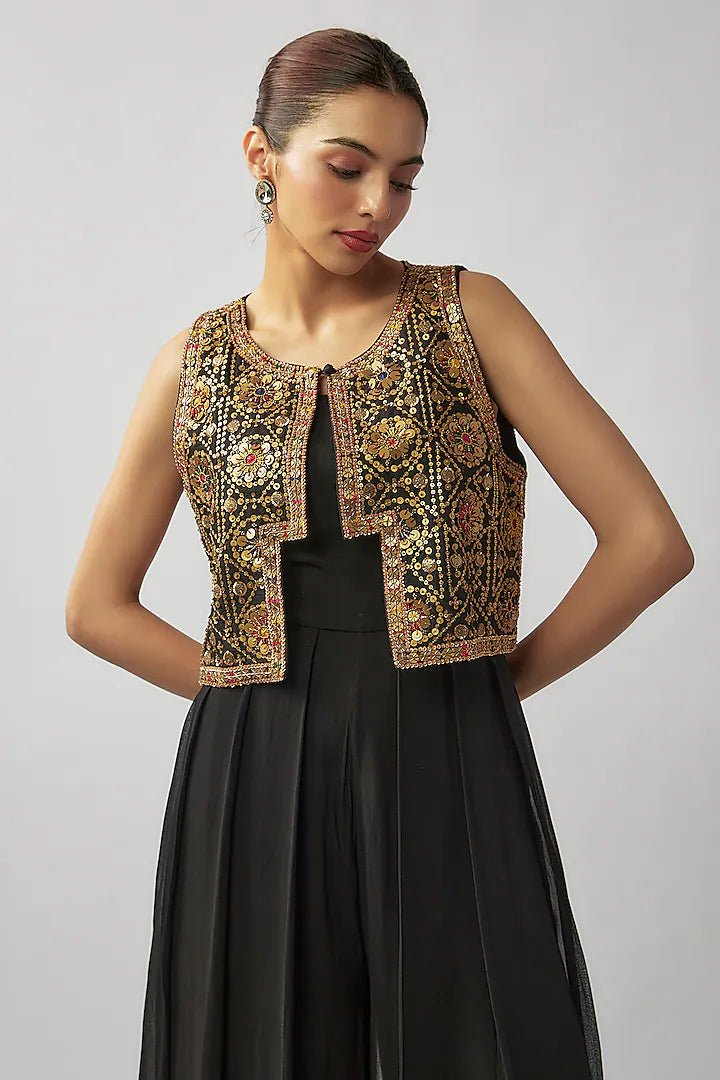 Black Georgette Jumpsuit With Jacket