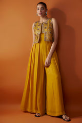 Yellow Chanderi Hand Embroidered Short Jacket Set