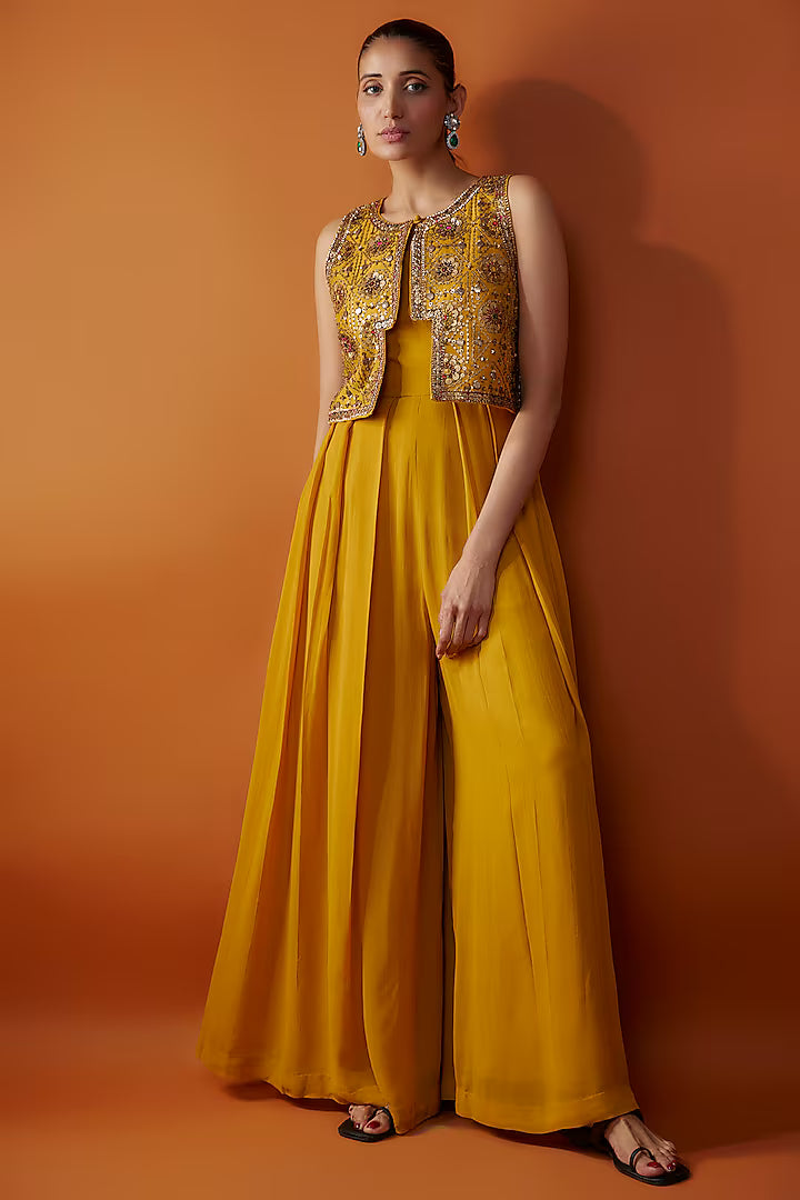 Yellow Chanderi Hand Embroidered Short Jacket Set