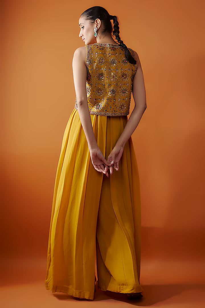 Yellow Chanderi Hand Embroidered Short Jacket Set