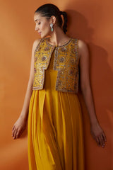 Yellow Chanderi Hand Embroidered Short Jacket Set