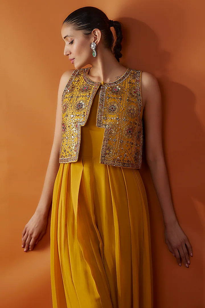 Yellow Chanderi Hand Embroidered Short Jacket Set