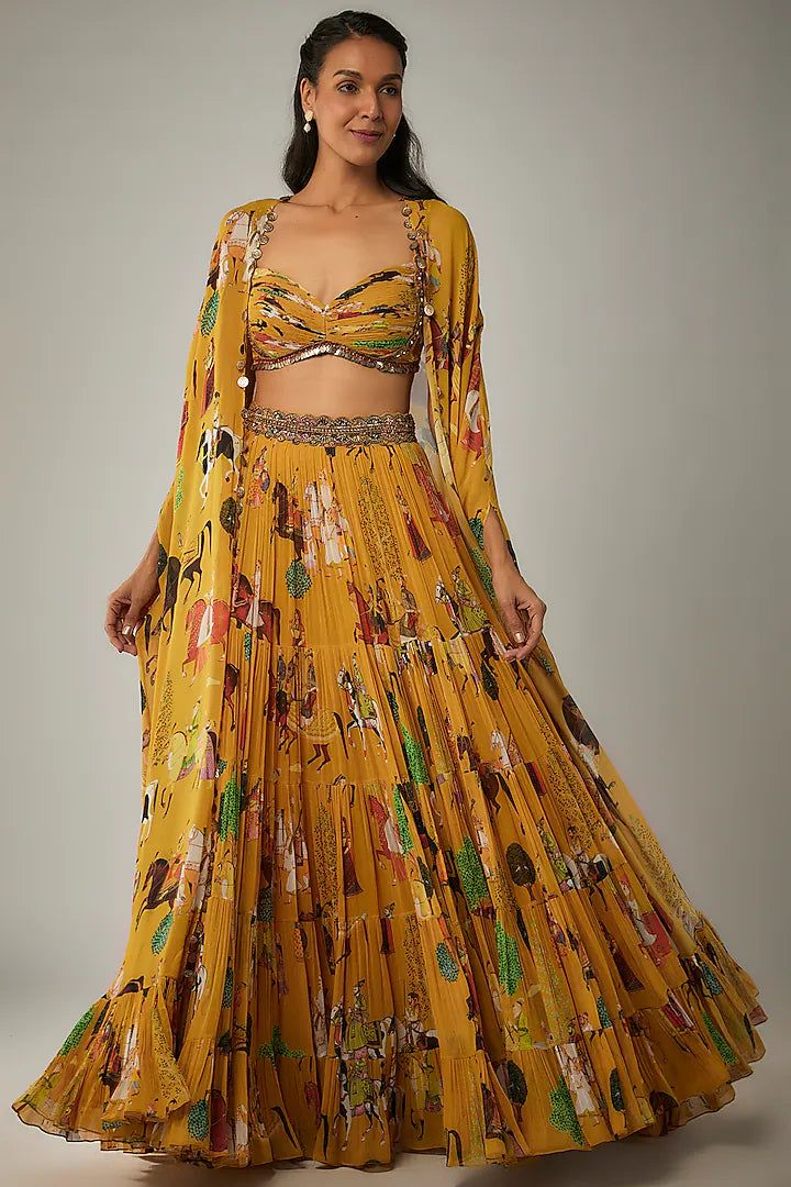 Mango yellow Georgette Hand Embroidered Jacket Lehenga Set