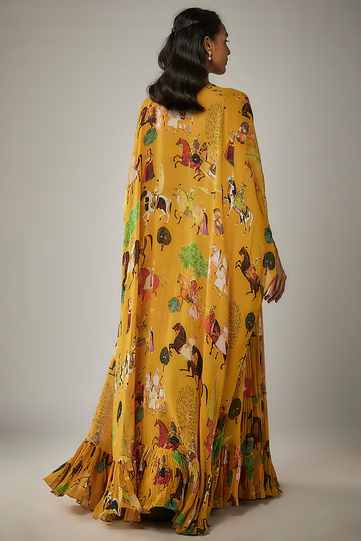 Mango yellow Georgette Hand Embroidered Jacket Lehenga Set