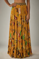 Mango yellow Georgette Hand Embroidered Jacket Lehenga Set