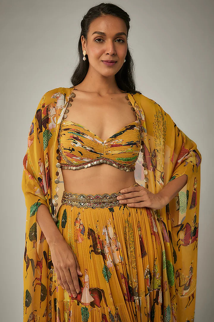 Mango yellow Georgette Hand Embroidered Jacket Lehenga Set