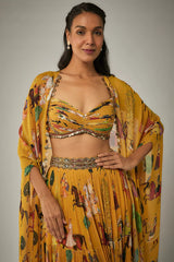 Mango yellow Georgette Hand Embroidered Jacket Lehenga Set