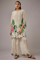 Ivory Crepe Printed Kaftan Set