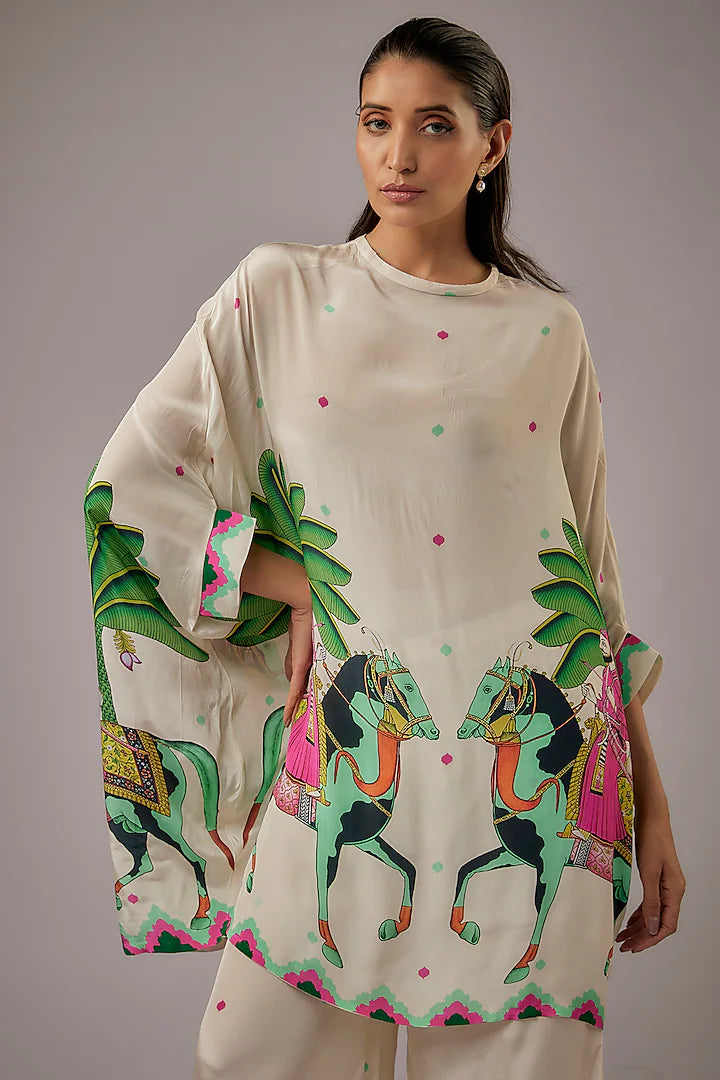Ivory Crepe Printed Kaftan Set