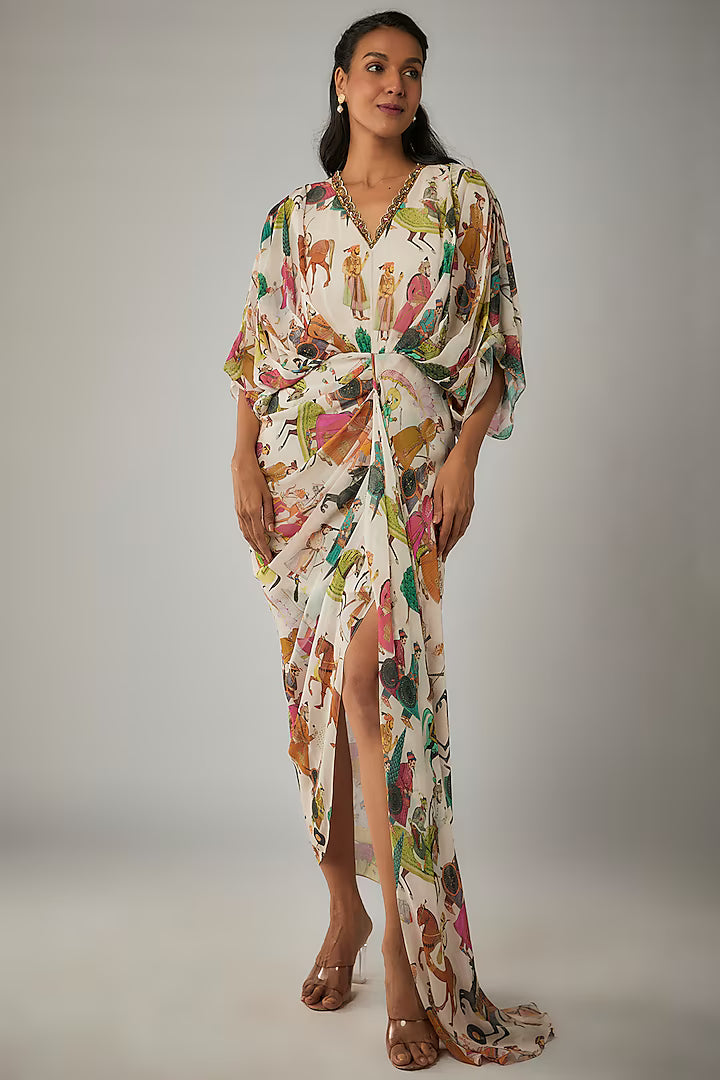Ivory Georgette Mughal Printed & Hand Embroidered Draped Dress