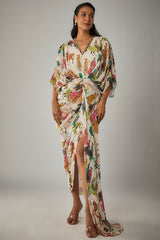 Ivory Georgette Mughal Printed & Hand Embroidered Draped Dress