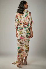 Ivory Georgette Mughal Printed & Hand Embroidered Draped Dress