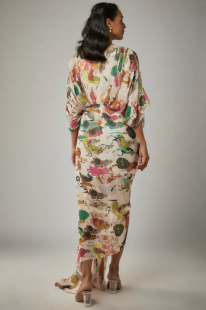Ivory Georgette Mughal Printed & Hand Embroidered Draped Dress