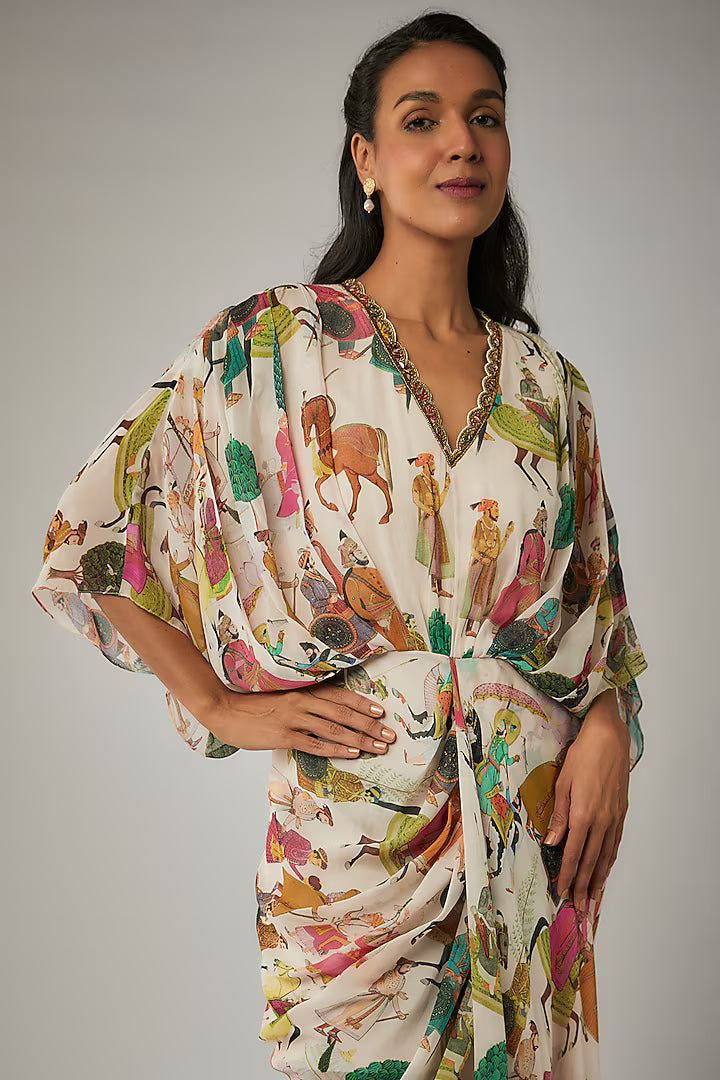 Ivory Georgette Mughal Printed & Hand Embroidered Draped Dress