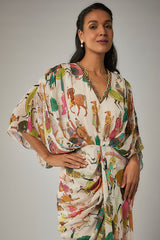 Ivory Georgette Mughal Printed & Hand Embroidered Draped Dress