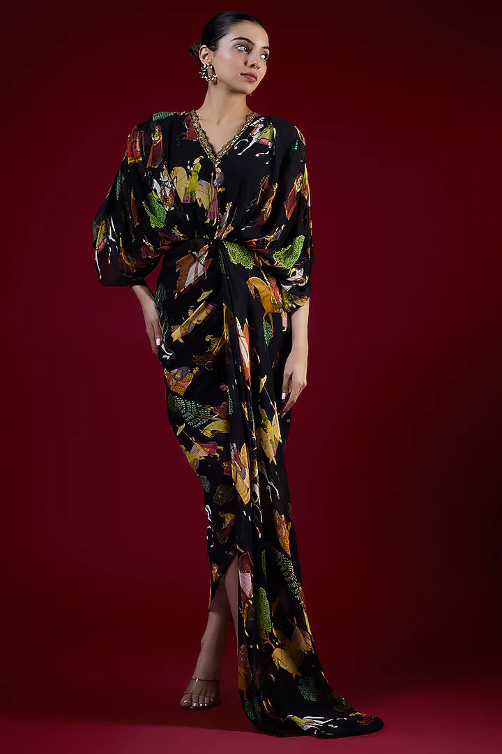Black Georgette Mugal Printed & Hand Embroidered Draped Dress