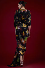 Black Georgette Mugal Printed & Hand Embroidered Draped Dress