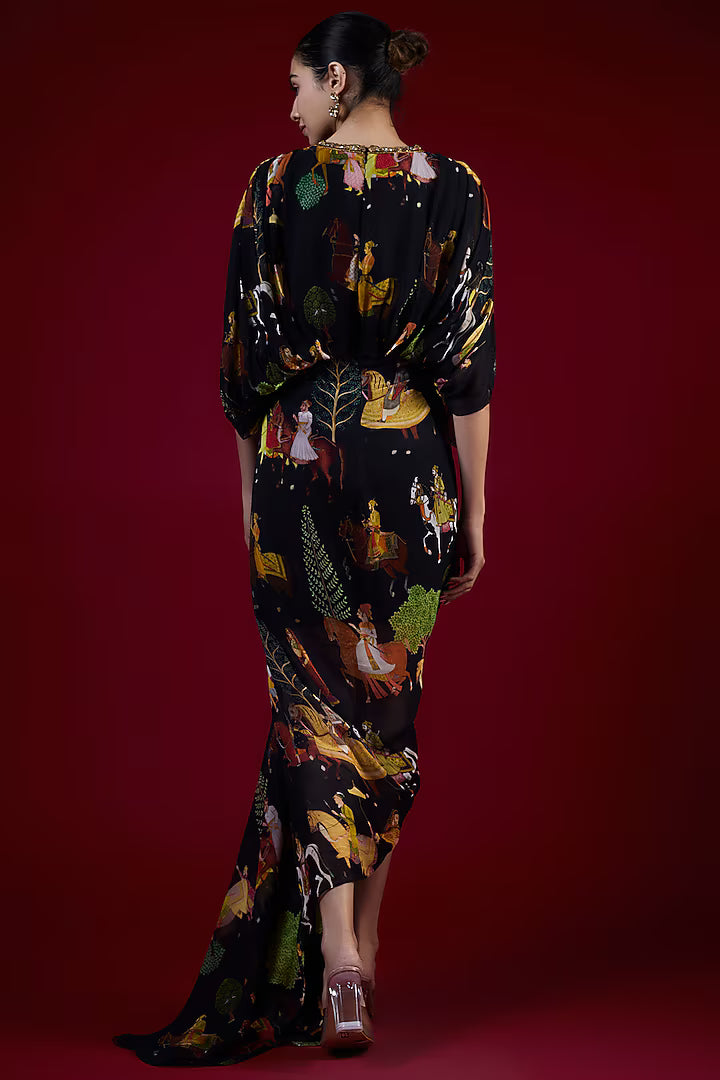 Black Georgette Mugal Printed & Hand Embroidered Draped Dress