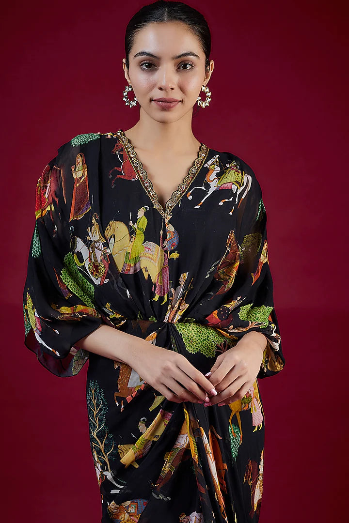 Black Georgette Mugal Printed & Hand Embroidered Draped Dress