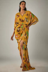 Mango Yellow Georgette Mughal Printed & Hand Embroidered Draped Dress