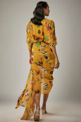 Mango Yellow Georgette Mughal Printed & Hand Embroidered Draped Dress