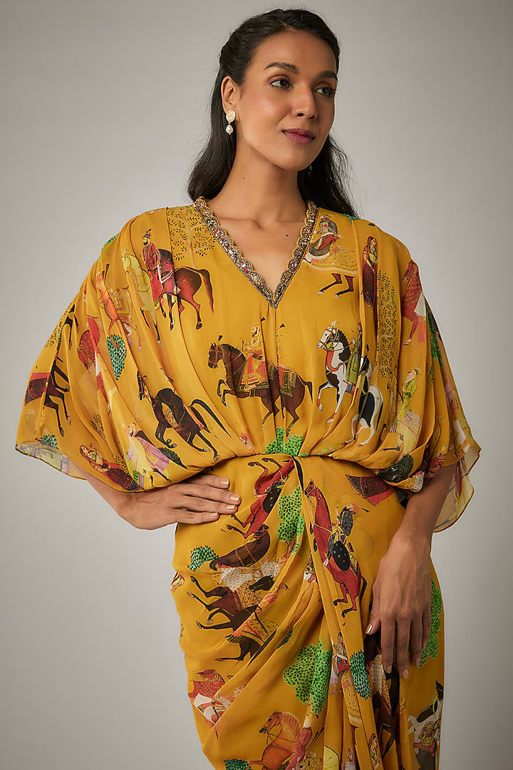 Mango Yellow Georgette Mughal Printed & Hand Embroidered Draped Dress