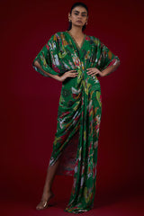 Green Georgette Mugal Printed & Hand Embroidered Draped Dress