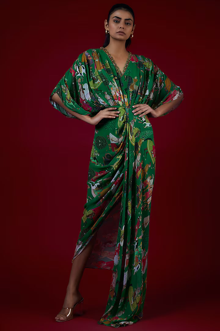 Green Georgette Mugal Printed & Hand Embroidered Draped Dress