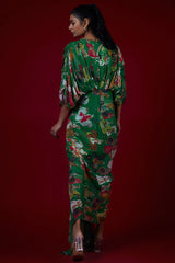 Green Georgette Mugal Printed & Hand Embroidered Draped Dress