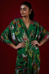 Green Georgette Mugal Printed & Hand Embroidered Draped Dress