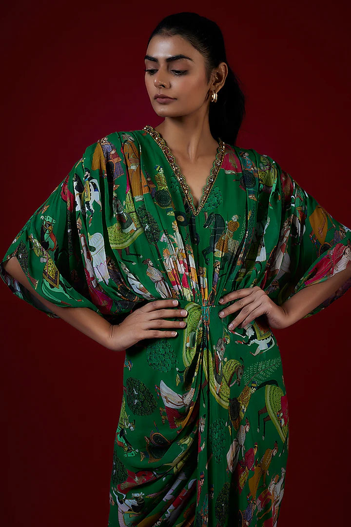 Green Georgette Mugal Printed & Hand Embroidered Draped Dress